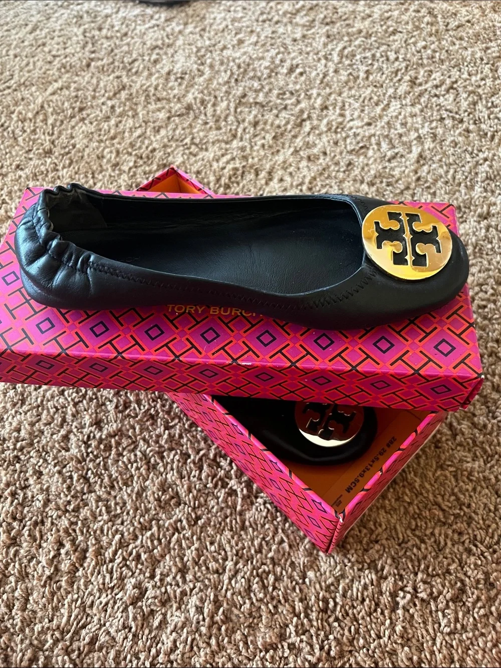 Tory Burch Black Leather Ballet Flat with Gold Logo Medallion